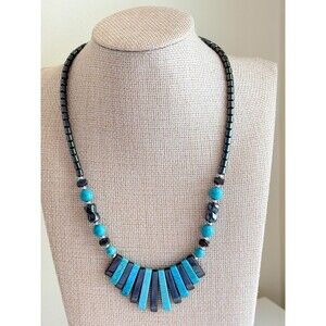 Southwestern Faux Turquoise & Metallic Hematite Stick Bead Statement Necklace